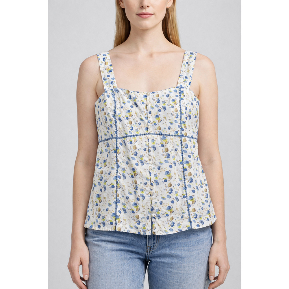 Vintage Button Tank Top Womens Small White Dainty Floral Crop Cottage Y2K 90s